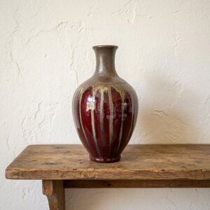 Pier 1 Vintage Red Oxblood Drip Glaze Ceramic Pottery Vase 11" Boho MCM Decor